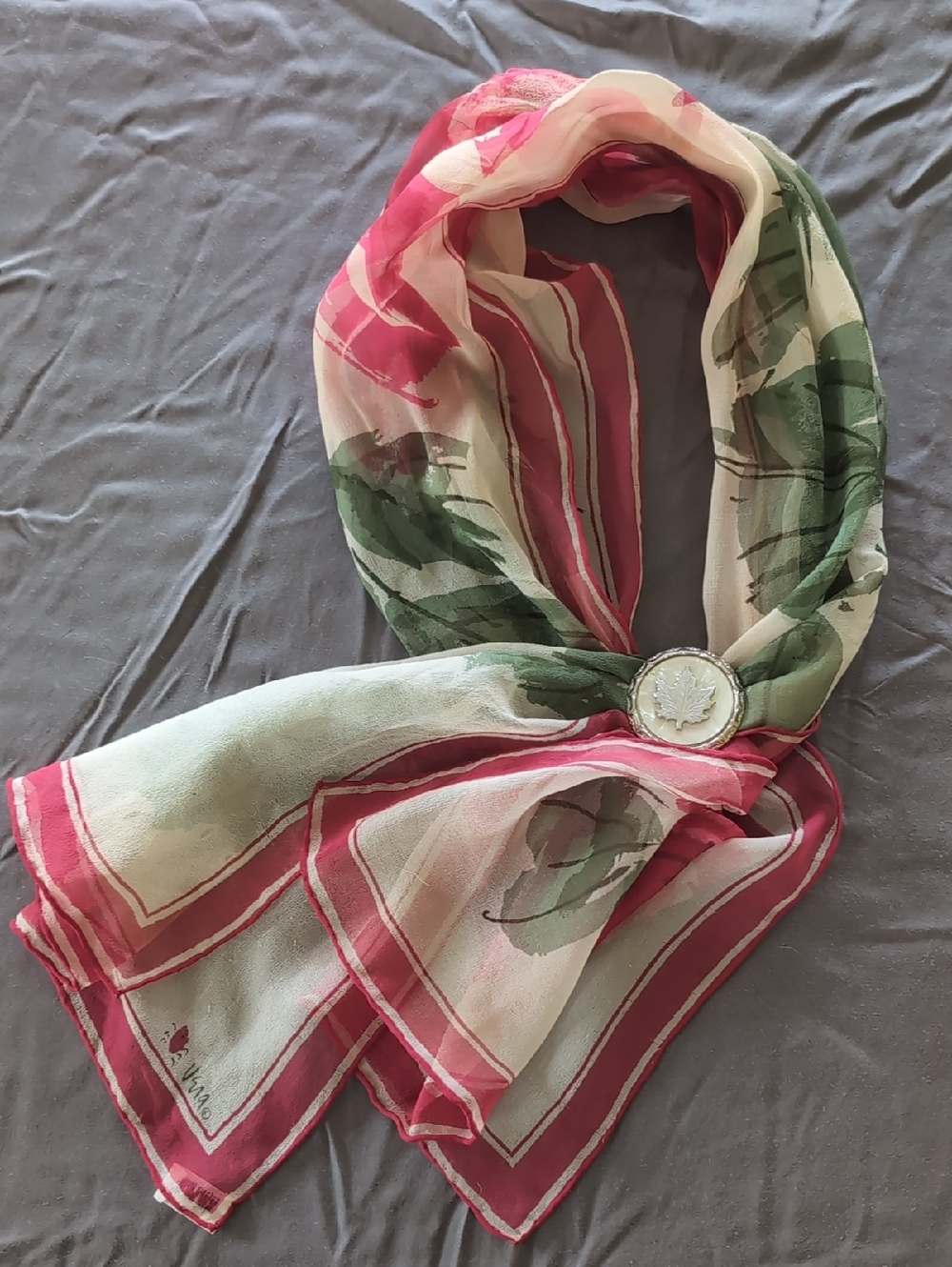 Lightweight Pink and Green Floral Scarf with Decorative Pin